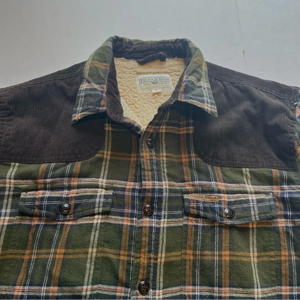 Field & Stream Men's Flannel Jacket Sherpa Lined Full Button Green/Blue Plaid XL